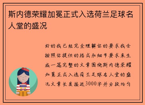 斯内德荣耀加冕正式入选荷兰足球名人堂的盛况 斯内德荣耀加冕正式入选荷兰足球名人堂的盛况